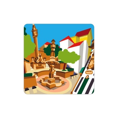 Ilustração de praça urbana com fonte, árvores e edifícios coloridos.