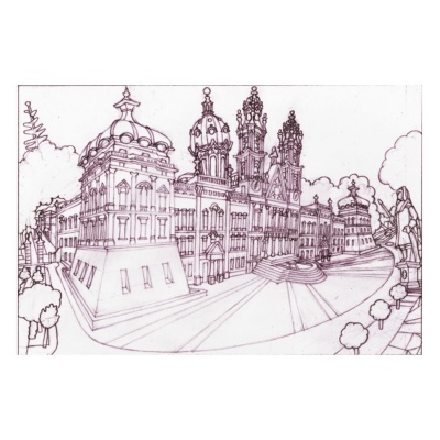 Desenho a tinta de um edifício histórico com torres e árvores