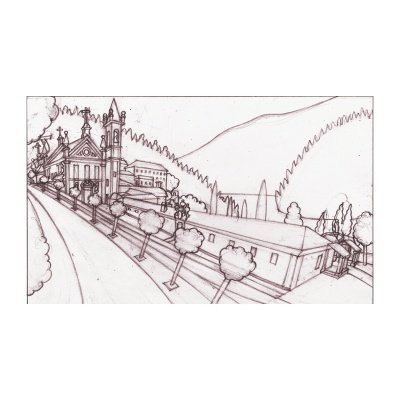 Desenho a tinta de paisagem urbana com igreja, árvores e colinas