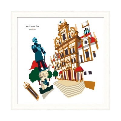 Ilustração de monumentos de Santarém com estátua e edifícios em cores castanhas e vermelhas