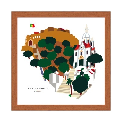 Ilustração do Castelo de Castro Marim com árvores e edifícios emoldurada