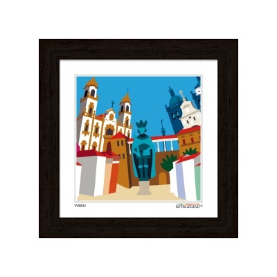 Imagem gráfica de edifícios históricos e estátua azul em moldura escura