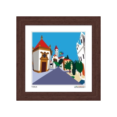 Ilustração colorida de edifícios com telhados vermelhos em moldura de madeira escura