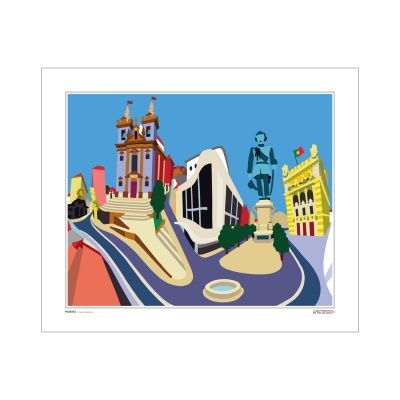 Ilustração colorida da cidade do Porto com monumentos e edifícios