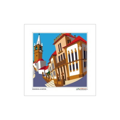 Ilustração digital de edifícios e torre com relógio em Idanha-a-Nova, quadro decorativo