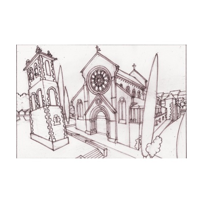 Desenho a lápis de igreja antiga com torre sineira e janela circular de vitral