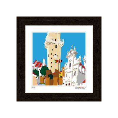 Quadro decorativo com ilustração de edifícios históricos em Beja com moldura castanha escura