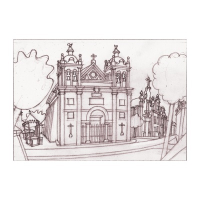Desenho a lápis de uma igreja com duas torres e árvores circundantes
