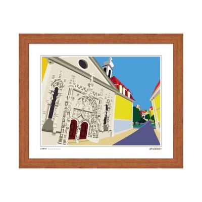 Ilustração de edifício histórico branco com portas vermelhas em moldura de madeira