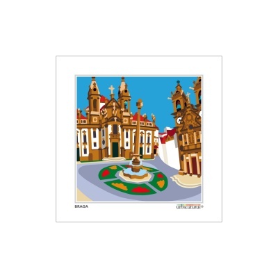 Ilustração colorida da praça com igrejas e fonte em Braga
