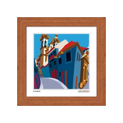 Quadro ilustrativo com prédios azuis e detalhes dourados numa rua curva.