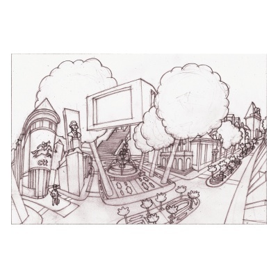 Desenho a lápis de uma paisagem urbana com monumentos e árvores