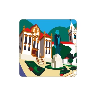 Ilustração de edifício histórico com jardim e estátua sob colinas azuis.