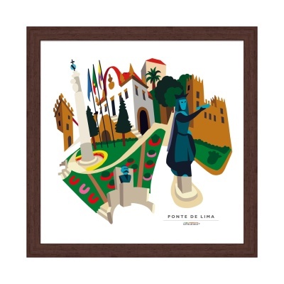 Ilustração colorida de Ponte de Lima em moldura castanha