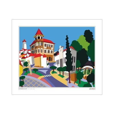 Ilustração colorida de paisagem urbana estilizada com edifícios e vegetação