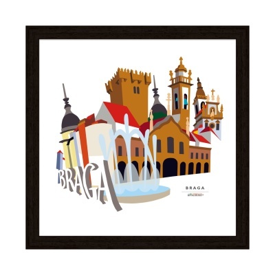 Ilustração colorida dos pontos turísticos de Braga em moldura preta