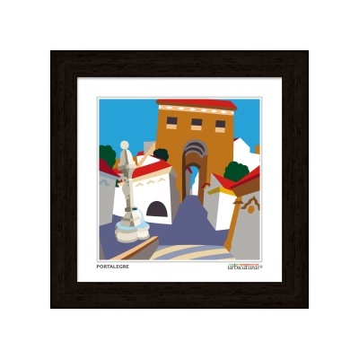 Imagem artística colorida de rua de Portalegre com torre, edifícios brancos e telhados vermelhos