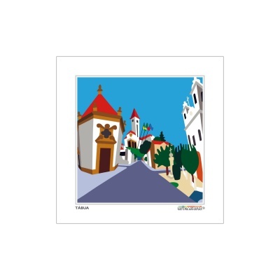 Ilustração colorida de uma rua com edifícios em arte urbana