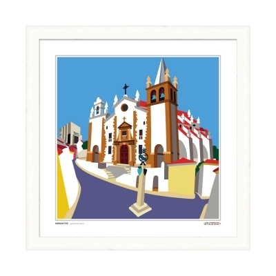 Ilustração digital colorida de uma igreja branca com detalhes castanhos e telhados vermelhos