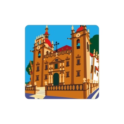 Edifício histórico com duas torres e cúpulas vermelhas ilustrado