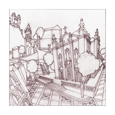 Desenho a lápis de rua com edifícios antigos e árvores em estilo esboço