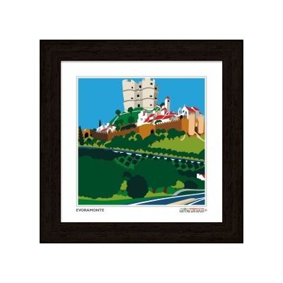 Quadro ilustrativo de castelo em colina com casas e texto EVORAMONTE