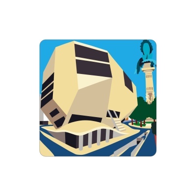 Ilustração de edifício moderno amarelo com janelas pretas e coluna alta com escultura azul