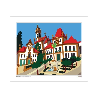 Ilustração de edifícios históricos em Sabrosa com praça ajardinada e fonte