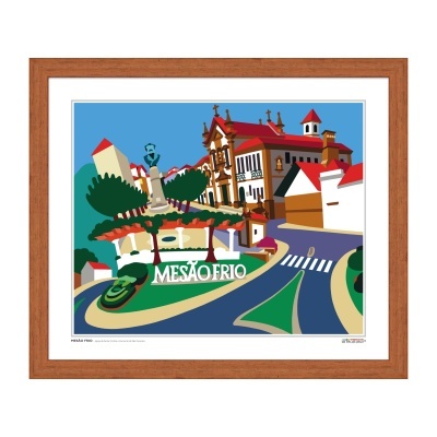 Desenho colorido da cidade de Mesão Frio com edifícios e estátua, em moldura de madeira