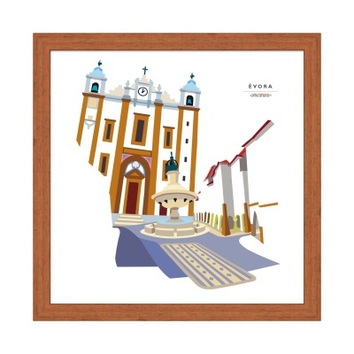 Ilustração de edifício e fonte em Évora com moldura de madeira