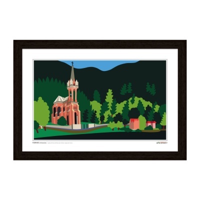 Ilustração da Capela de Nossa Senhora das Vitórias em Furnas com árvores e montanhas