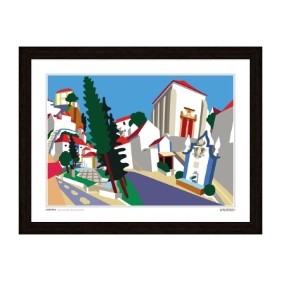 Ilustração colorida de paisagem urbana com edifícios brancos, árvores e céu azul em quadro com moldura escura