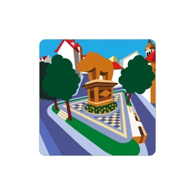 Ilustração de praça triangular com estátua e árvores em cenário urbano colorido