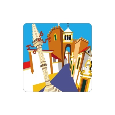 Ilustração colorida de rua tradicional com torre e coluna decorativa