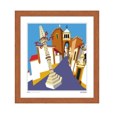 Imagem artística emoldurada de uma rua inclinada com casas coloridas e uma coluna decorada