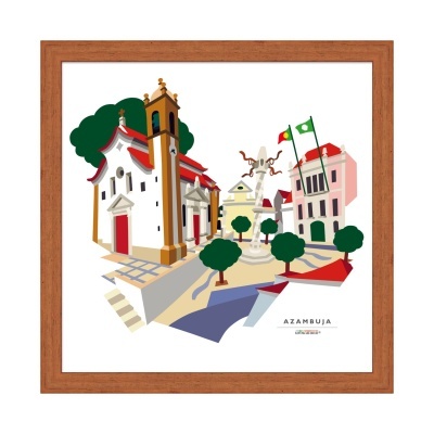 Gravura ilustrativa emoldurada de Azambuja com igreja, fonte, árvores e bandeiras.