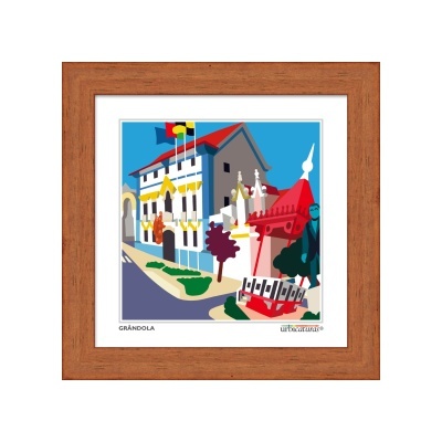 Quadro emoldurado com ilustração colorida da vila de Grândola e texto 'GRÂNDOLA' e 'urbacultura'.