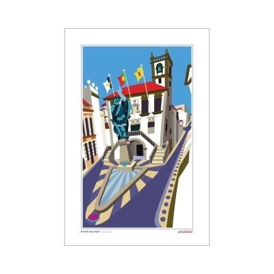 Ilustração de praça com escultura azul e edifícios brancos com telhados vermelhos em Ponta Delgada.