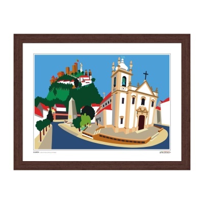 Ilustração digital de paisagem urbana com igreja numa moldura de madeira castanha