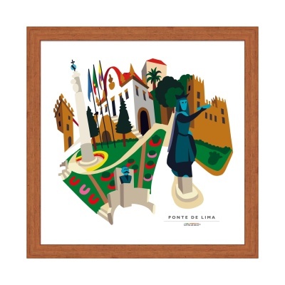 Ilustração colorida de pontos turísticos de Ponte de Lima emoldurada