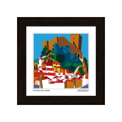 Imagem colorida digital emoldurada de Celorico da Beira com castelo e casas de telhado vermelho.