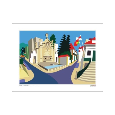 Ilustração colorida de praça em Arruda dos Vinhos com fonte e edifícios