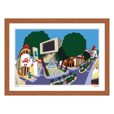 Imagem digital colorida emoldurada com cena urbana estilizada com edifícios, árvores e fonte