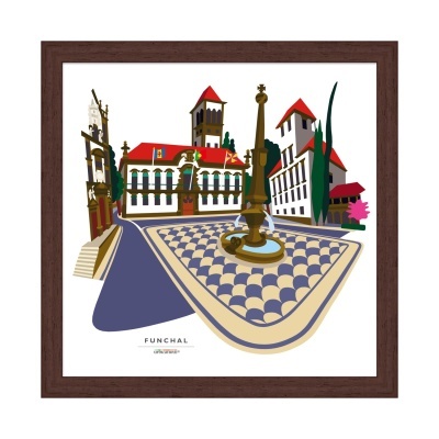 Ilustração gráfica da praça do Funchal com fonte e edifícios de telhado vermelho.