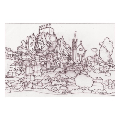 Desenho preto e branco de paisagem urbana com castelo e igreja no topo de uma colina