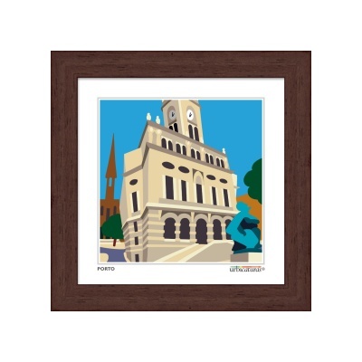 Quadro com ilustração estilizada de edifício clássico com torre de relógio em moldura castanha