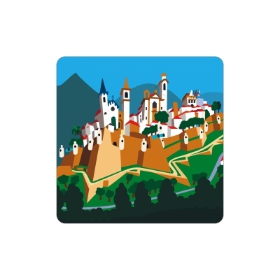 Ilustração digital colorida de uma cidade muralhada com edifícios brancos e torres