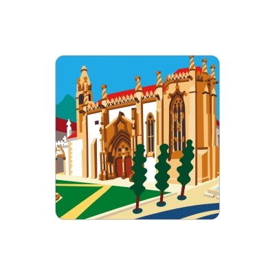 Ilustração de edifício histórico gótico com telhado vermelho e árvores verdes na frente