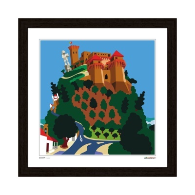 Ilustração gráfica de castelo num monte com árvores e estrada curva