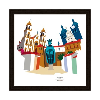Arte gráfica colorida de edifícios históricos em Viseu com moldura preta
